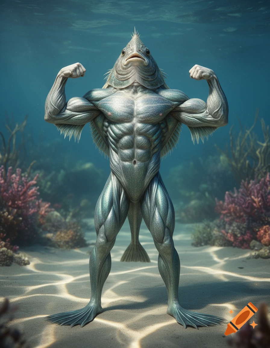 A muscular sole fish with a human-like body, arms, and webbed legs ...