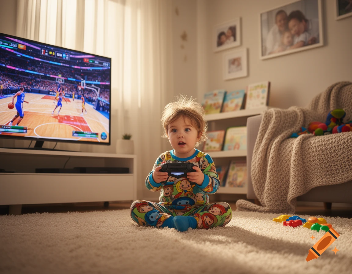 A young child in patterned pajamas sits on a rug in a living room, intently holding a video game controller while looking at the camera, with a basketball game playing on a large TV in the background.