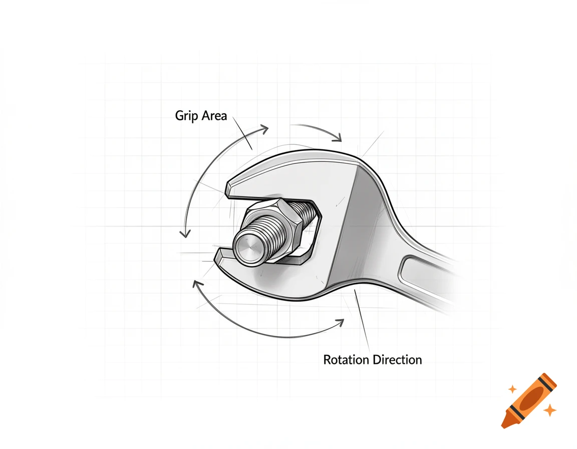 A black and white schematic diagram showing a wrench turning a bolt, labeled with 'Grip Area' and 'Rotation Direction'.