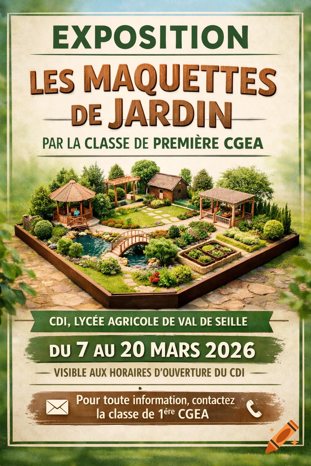 A poster featuring a miniature garden layout with buildings, a pond, and a bridge, advertising an exhibition.