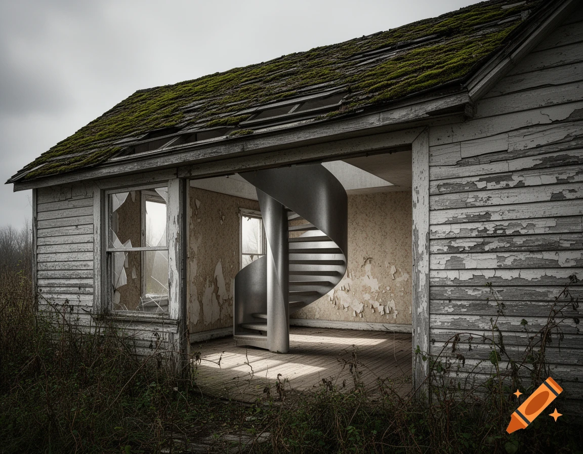A dilapidated house with peeling white paint and broken windows features a modern, metallic spiral staircase inside, under a moss-covered roof.
