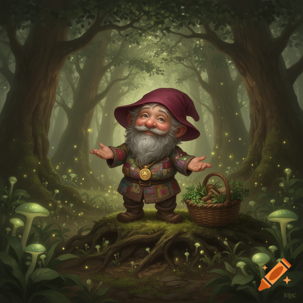 A friendly gnome with a long white beard and a red hat stands in a magical forest, holding out his hands, with a basket of herbs next to him.