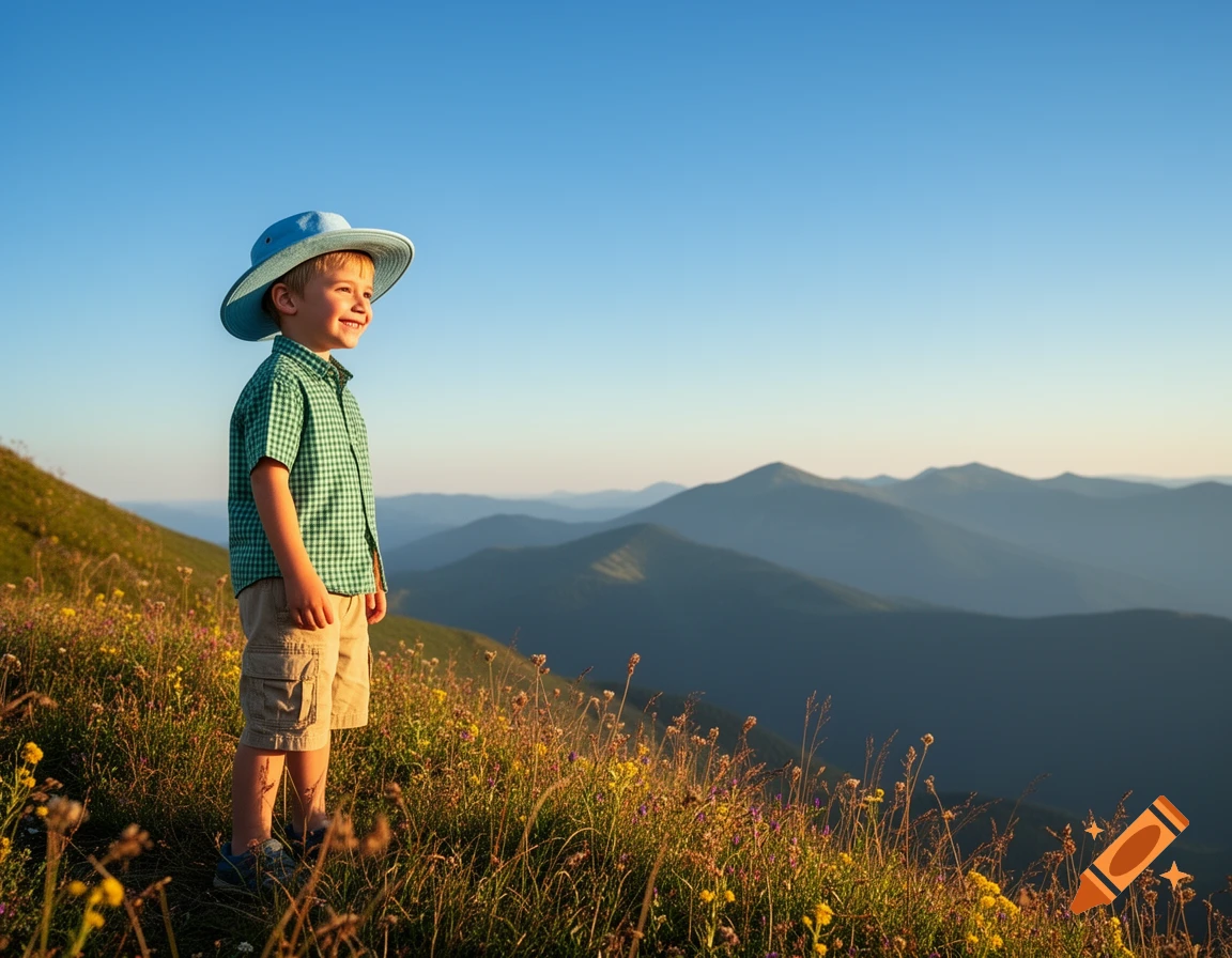 A smiling boy in a blue hat and plaid shirt stands on a sunny, flower-covered mountain slope overlooking distant peaks.