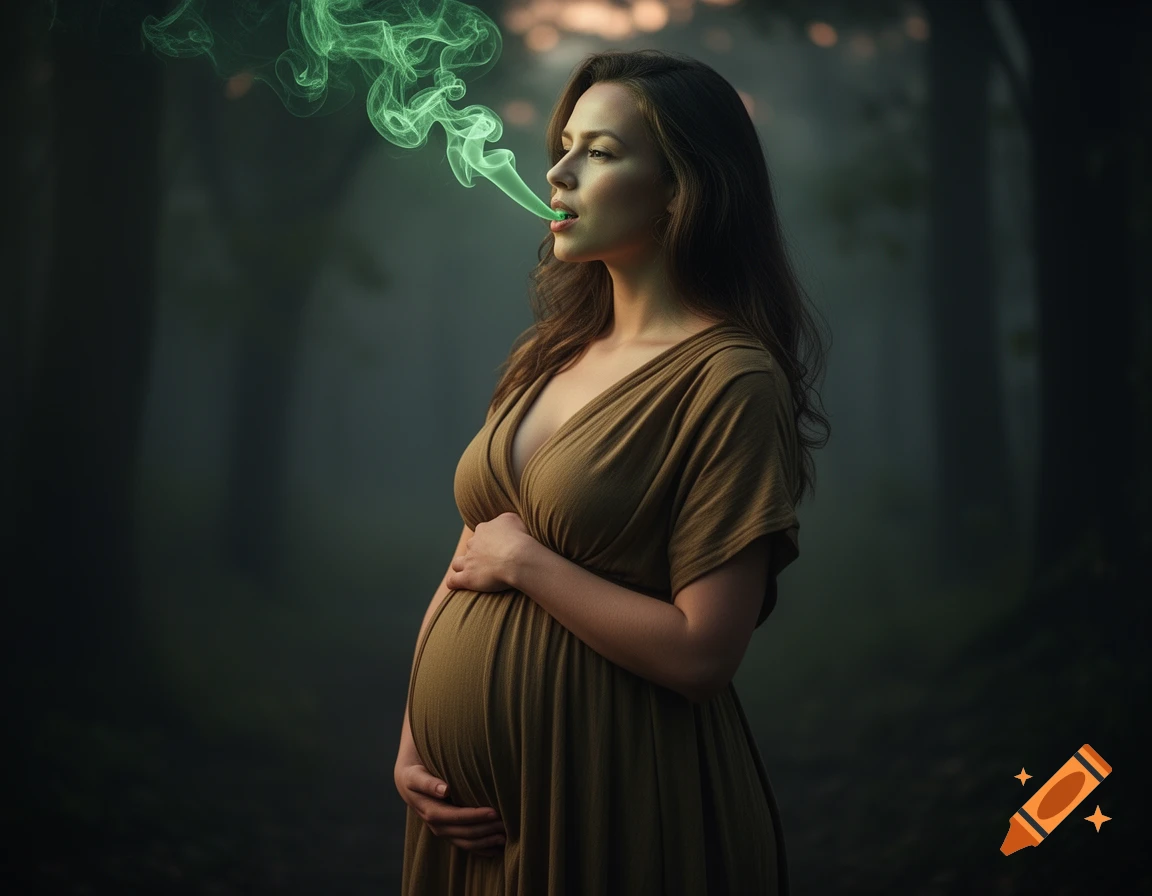 A pregnant woman in a brown dress exhales green smoke in a dark, misty forest, looking mystical.