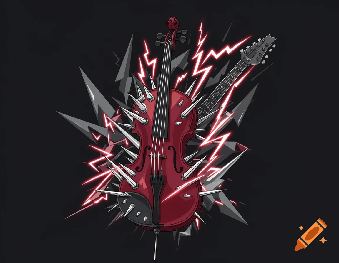 Stylized red cello with spikes and red lightning, with an electric guitar neck on a black background, vector illustration.
