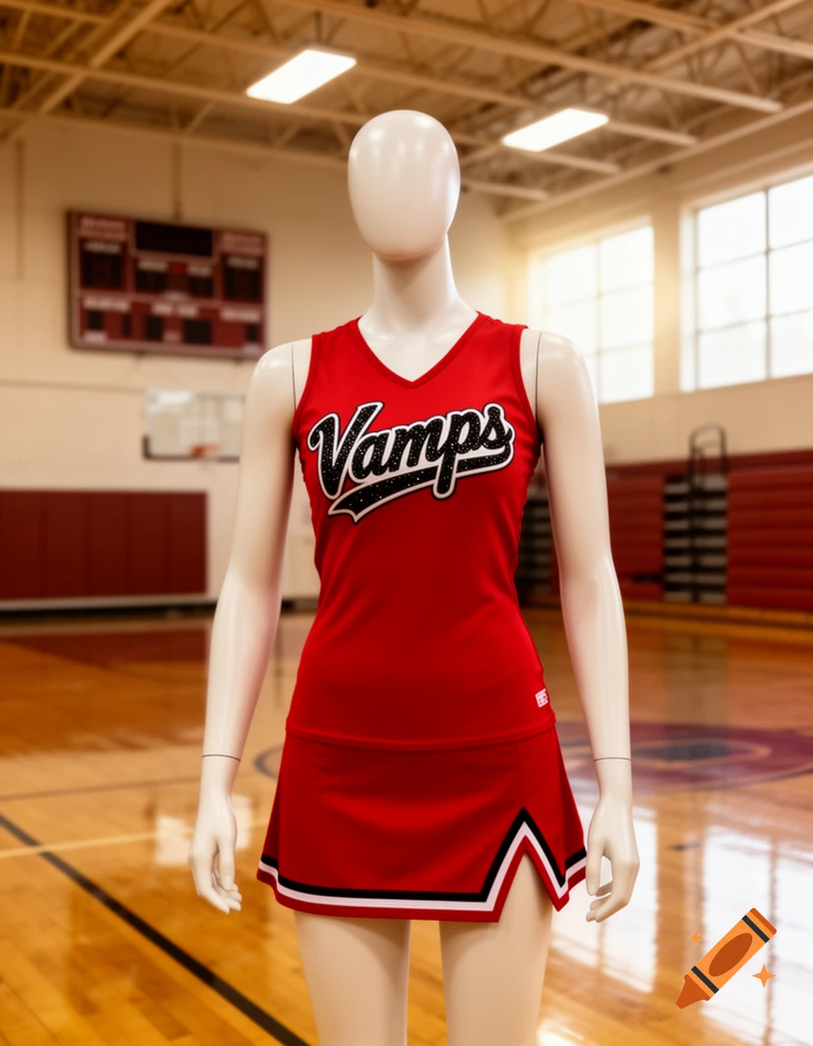 A mannequin wears a red cheerleading uniform with 'Vamps' in black glitter, standing in a gymnasium with a scoreboard.