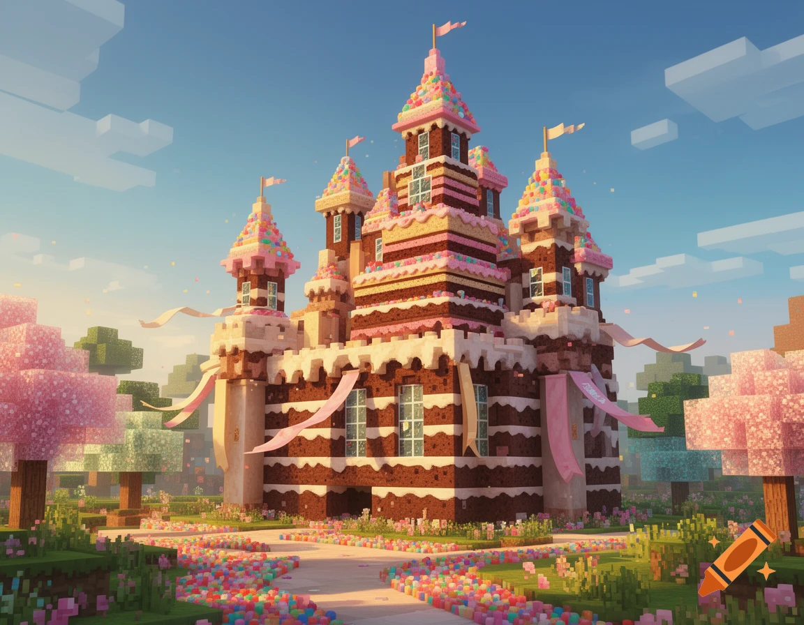 A colorful Minecraft-style castle made of chocolate cake and frosting, adorned with sprinkles and pink banners, set in a blocky candy landscape.