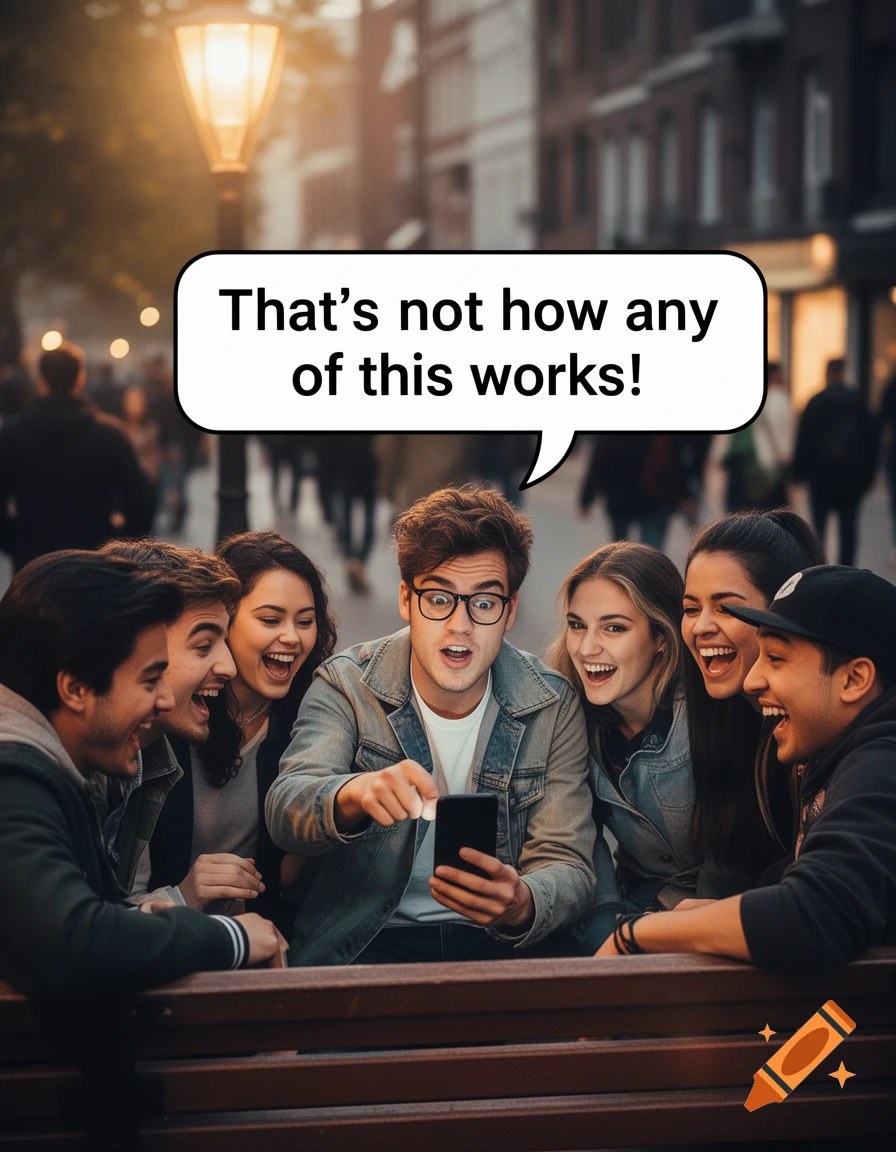 A group of young friends laughing around a man showing them something surprising on his phone, with a speech bubble 'That's not how any of this works!'