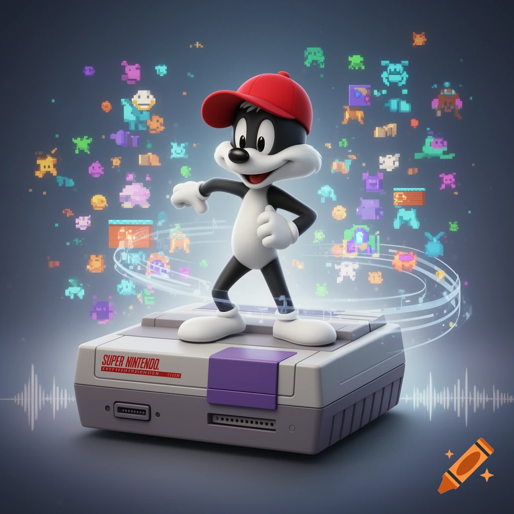 A black and white cartoon character in a red cap stands on a Super Nintendo console, surrounded by floating pixel art sprites.