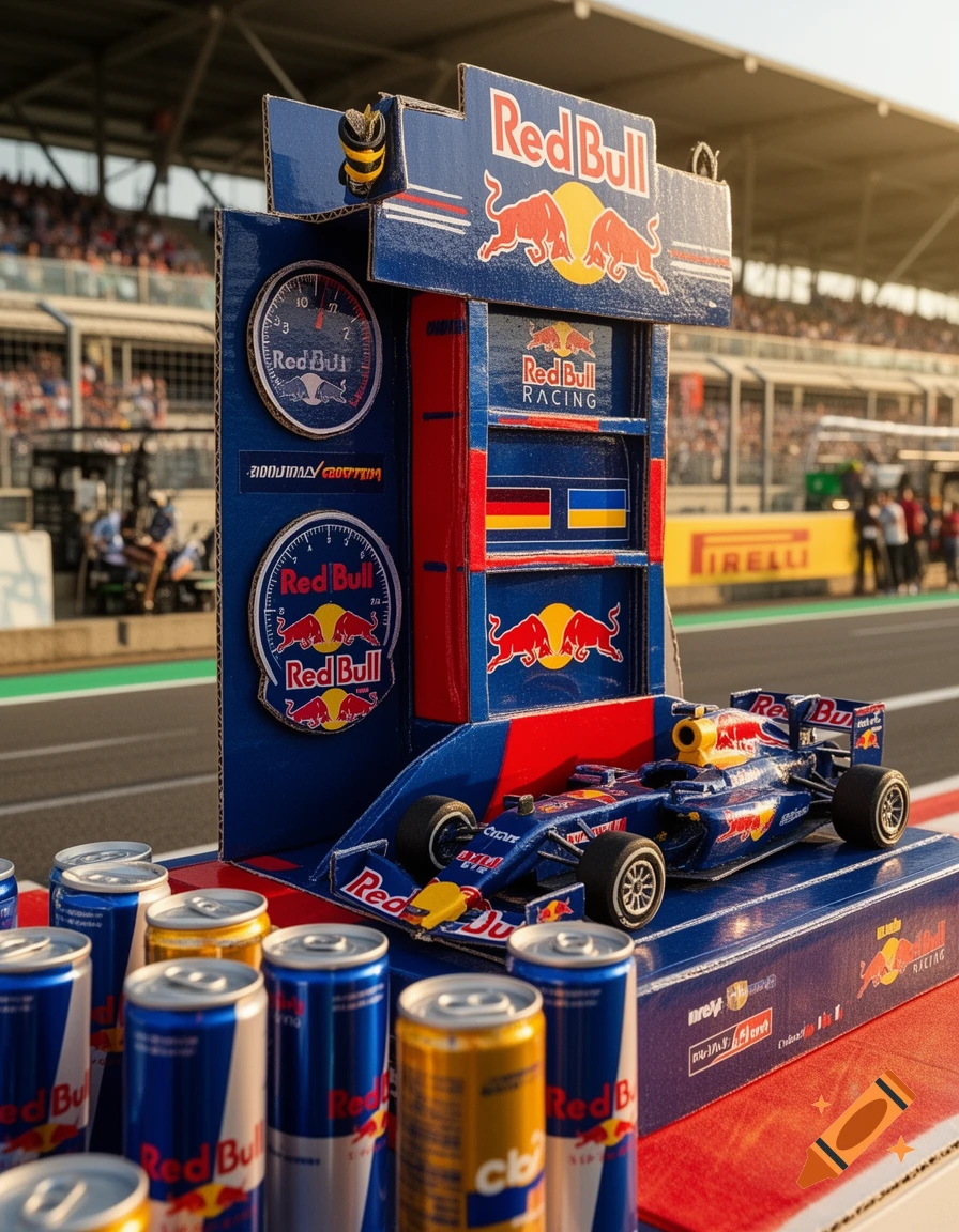 A close-up shot of a meticulously crafted Red Bull Racing cardboard diorama, featuring a miniature Formula 1 car, pit stand, and several Red Bull cans, set against the backdrop of a blurred race track grandstand.