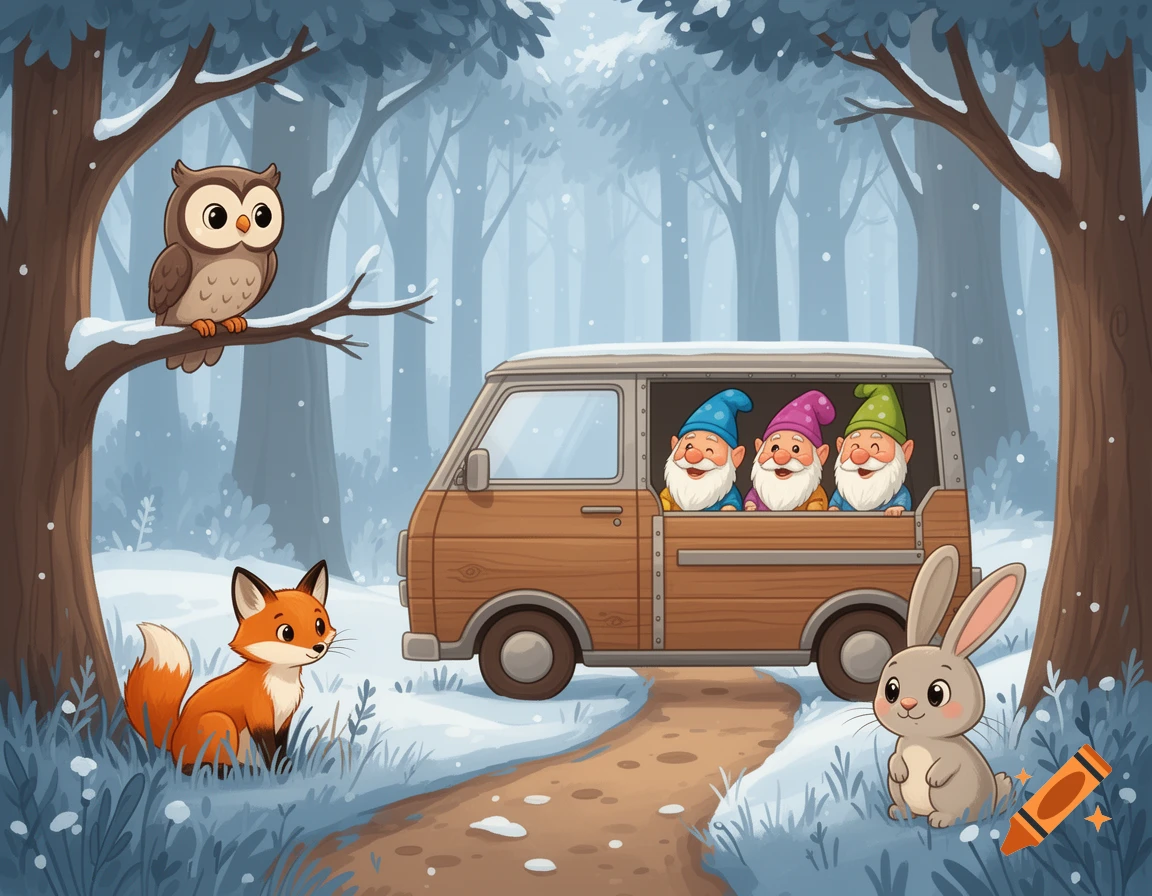 A cartoon owl on a snowy branch, a fox, a rabbit, and three gnomes in a wooden van in a winter forest illustration.