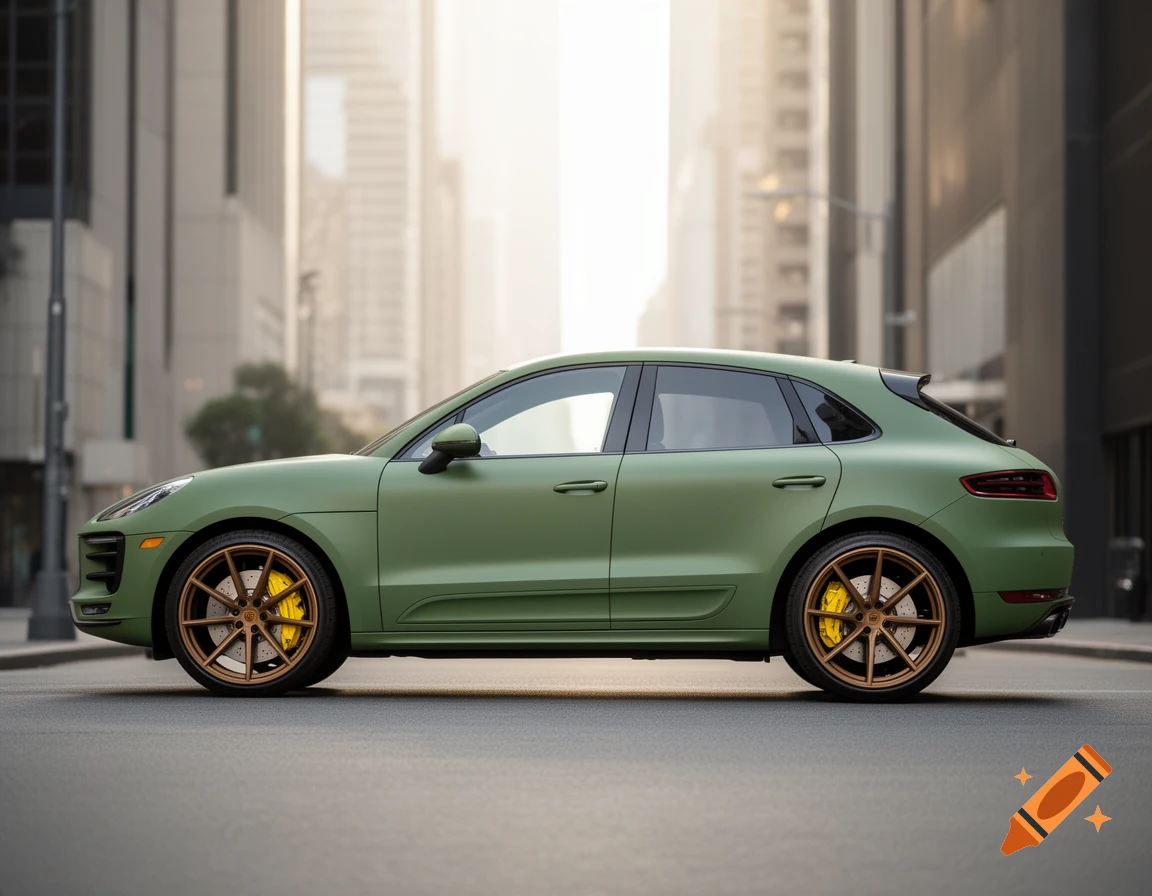 A matte olive green Porsche Macan SUV with bronze wheels and yellow brake calipers is parked on a city street.