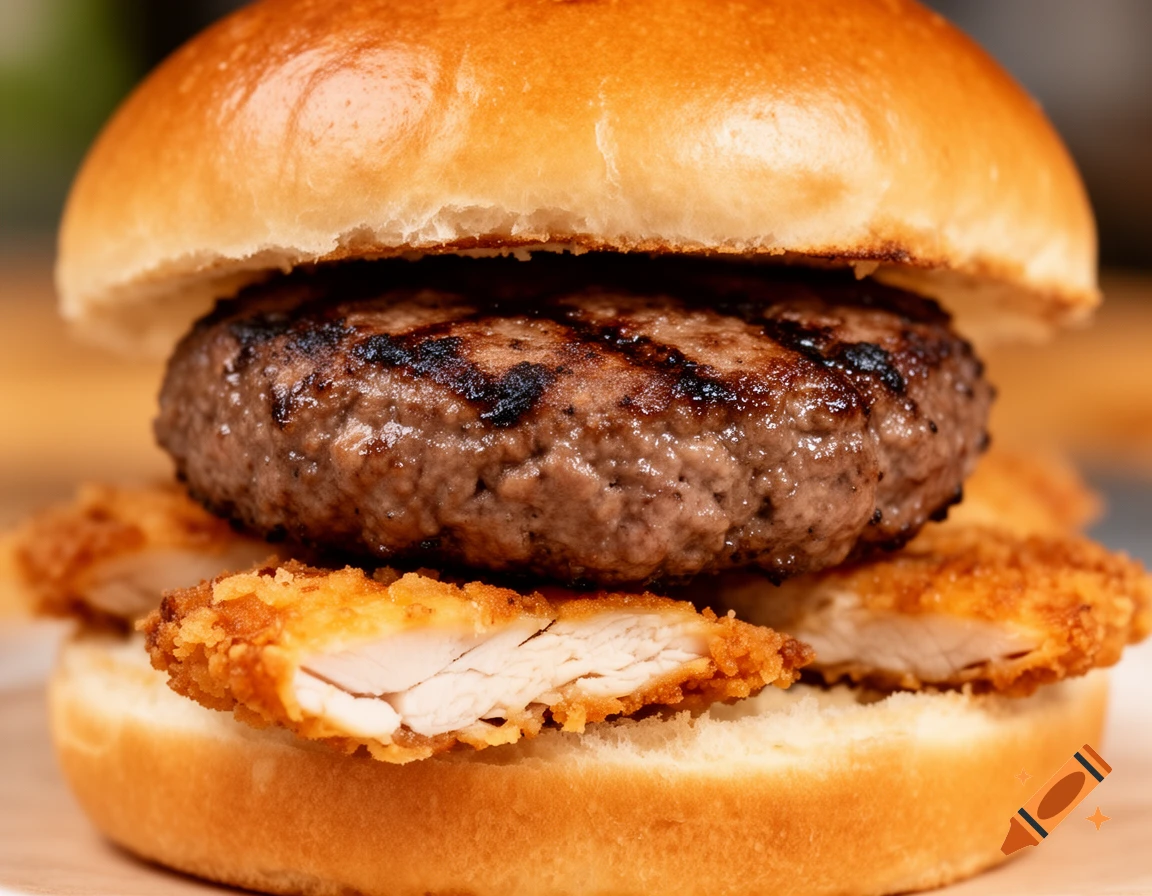 Close-up of a hamburger with a grilled beef patty and crispy fried chicken on a golden bun.