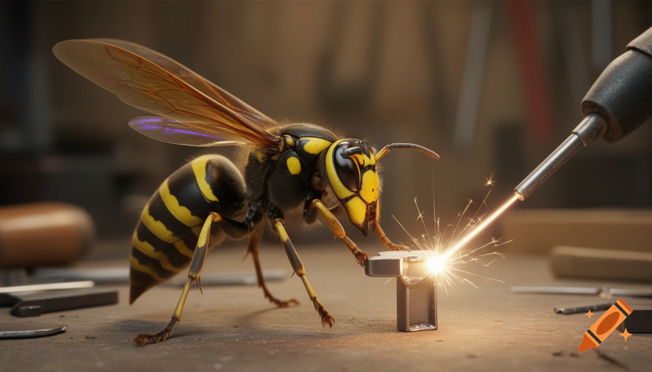 A close-up, photorealistic image of a yellow and black wasp welding a small metal piece, with bright sparks flying.