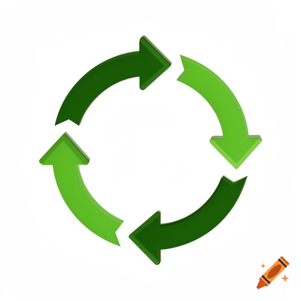 A circular arrangement of four green arrows pointing clockwise on a white background.