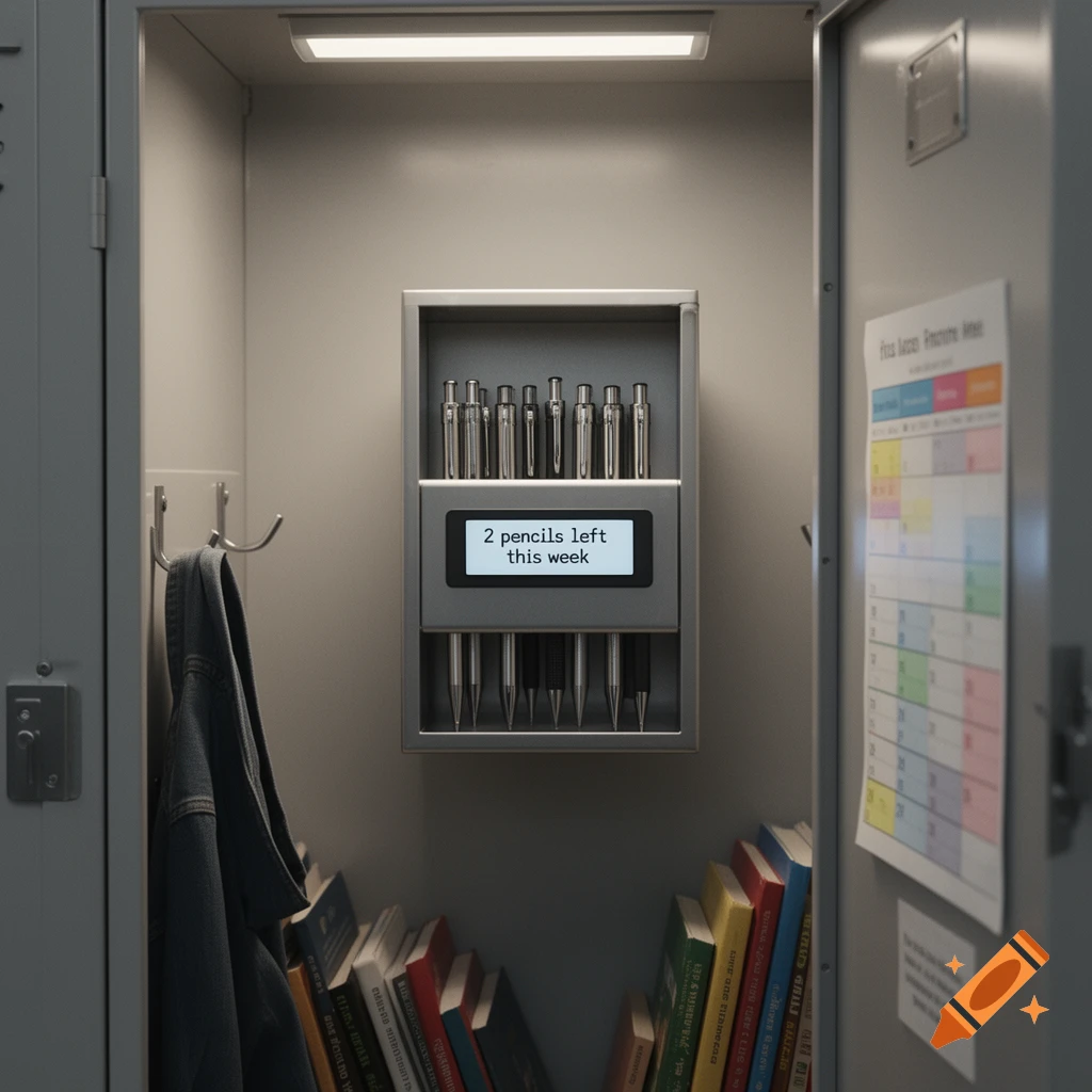 Inside a school locker, a dispenser holds mechanical pencils, with a screen displaying '2 pencils left this week', next to books and a jacket.