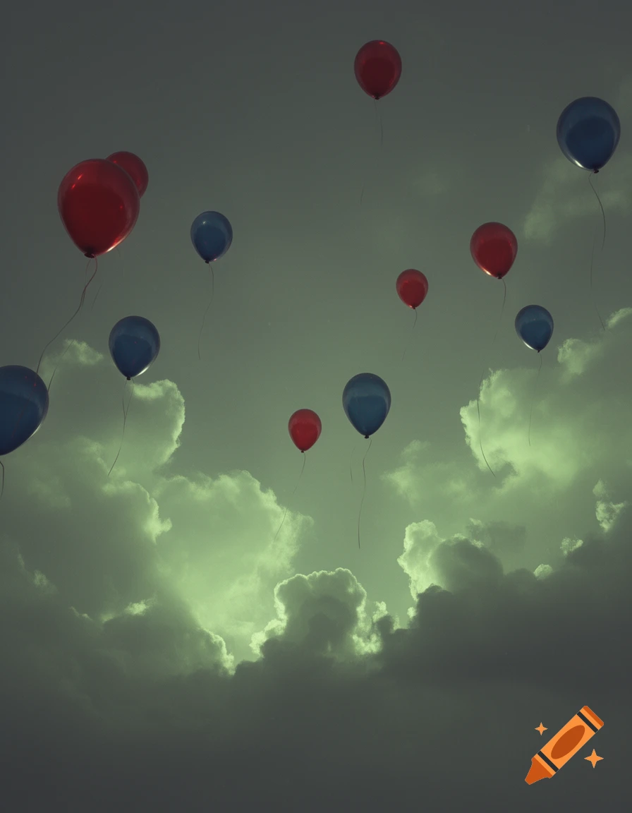Red and blue balloons float in a dark, cloudy sky with light green highlights and a moody atmosphere.