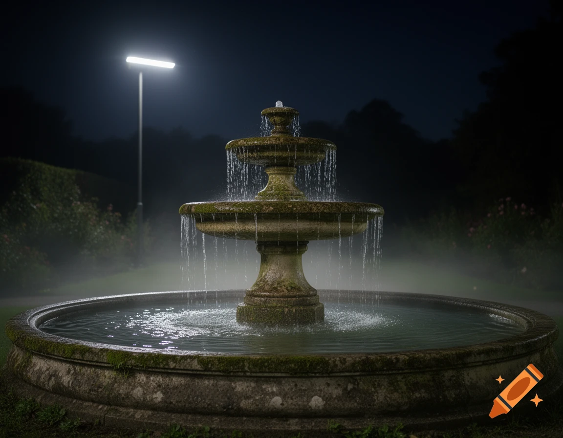A multi-tiered stone fountain with water flowing, illuminated by a distant street light at night in a misty garden.