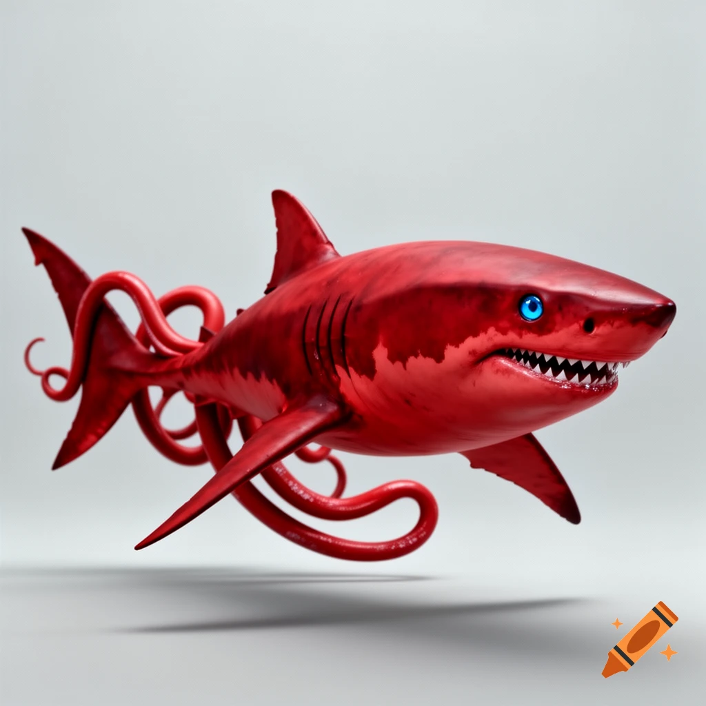 A vibrant red shark with bright blue eyes and tentacles instead of a tail, floating against a light gray background.