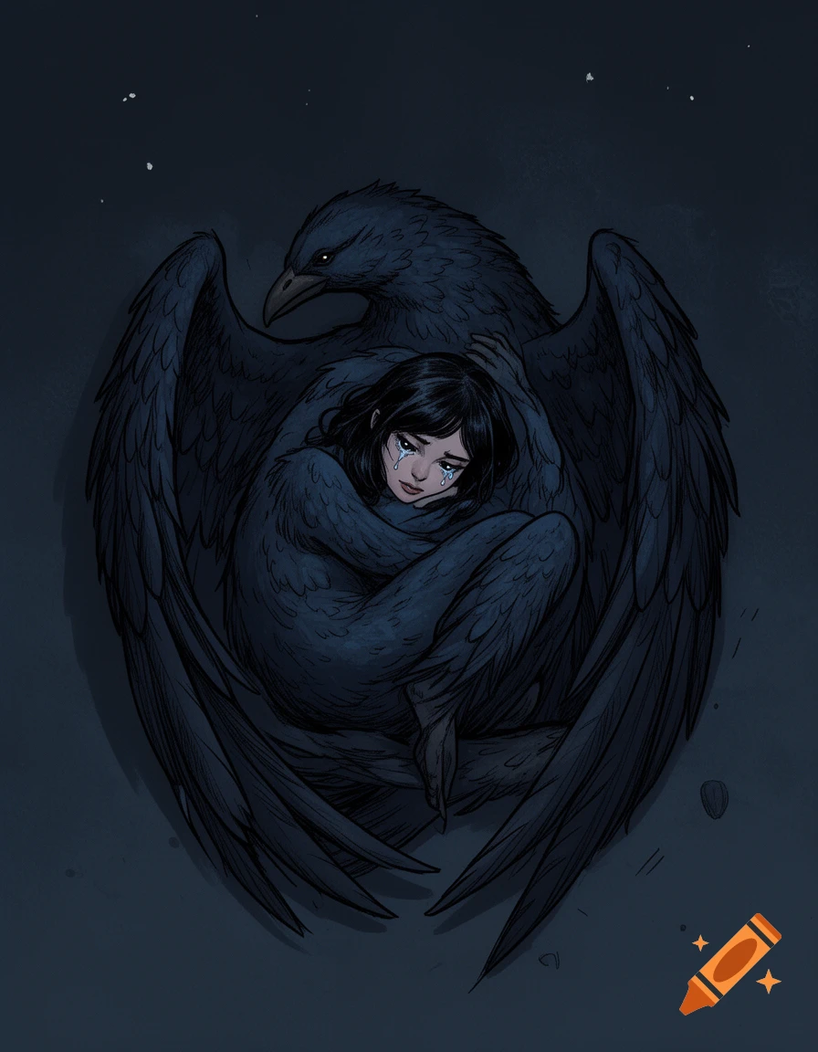 A crying, sad human-bird hybrid lies in a fetal position, wrapped in large dark wings, under a few stars in a dark fantasy illustration.