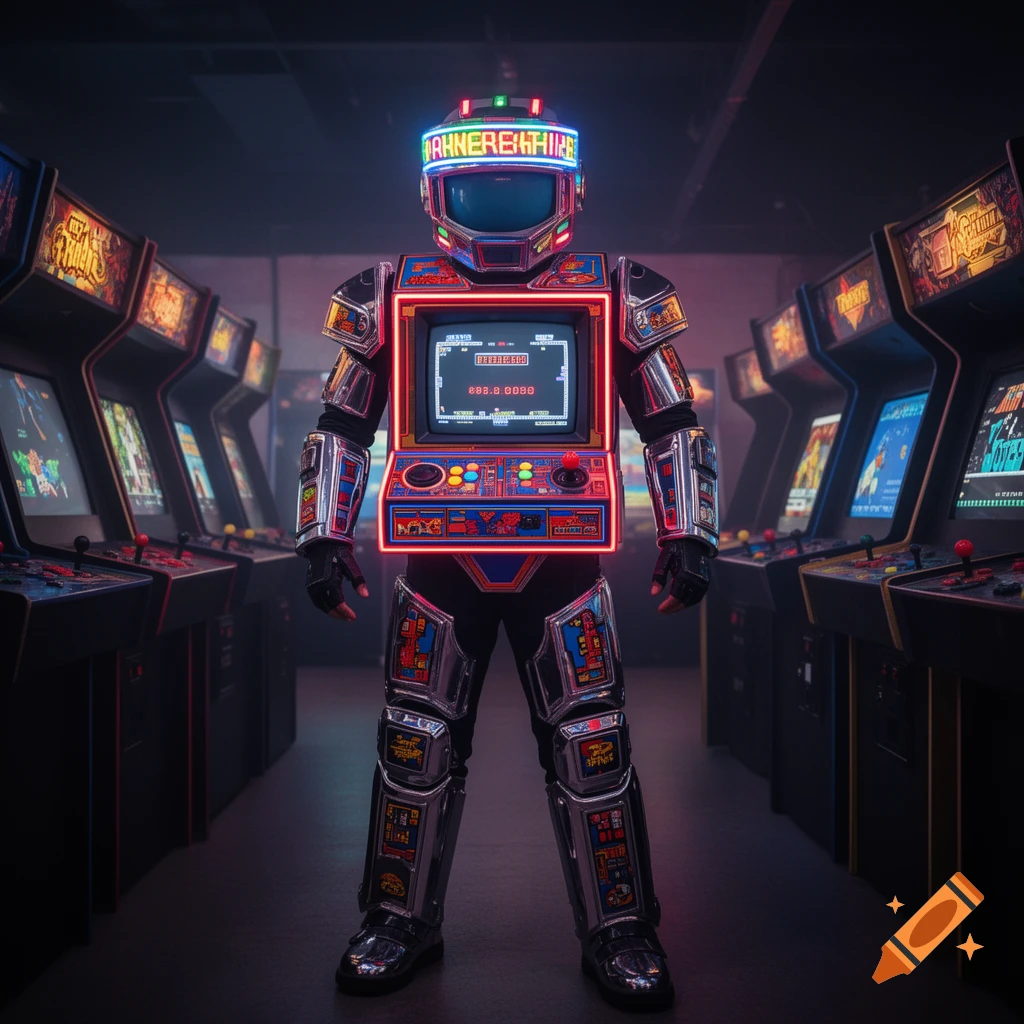 A futuristic robot in a neon-lit arcade machine costume stands between rows of arcade games.