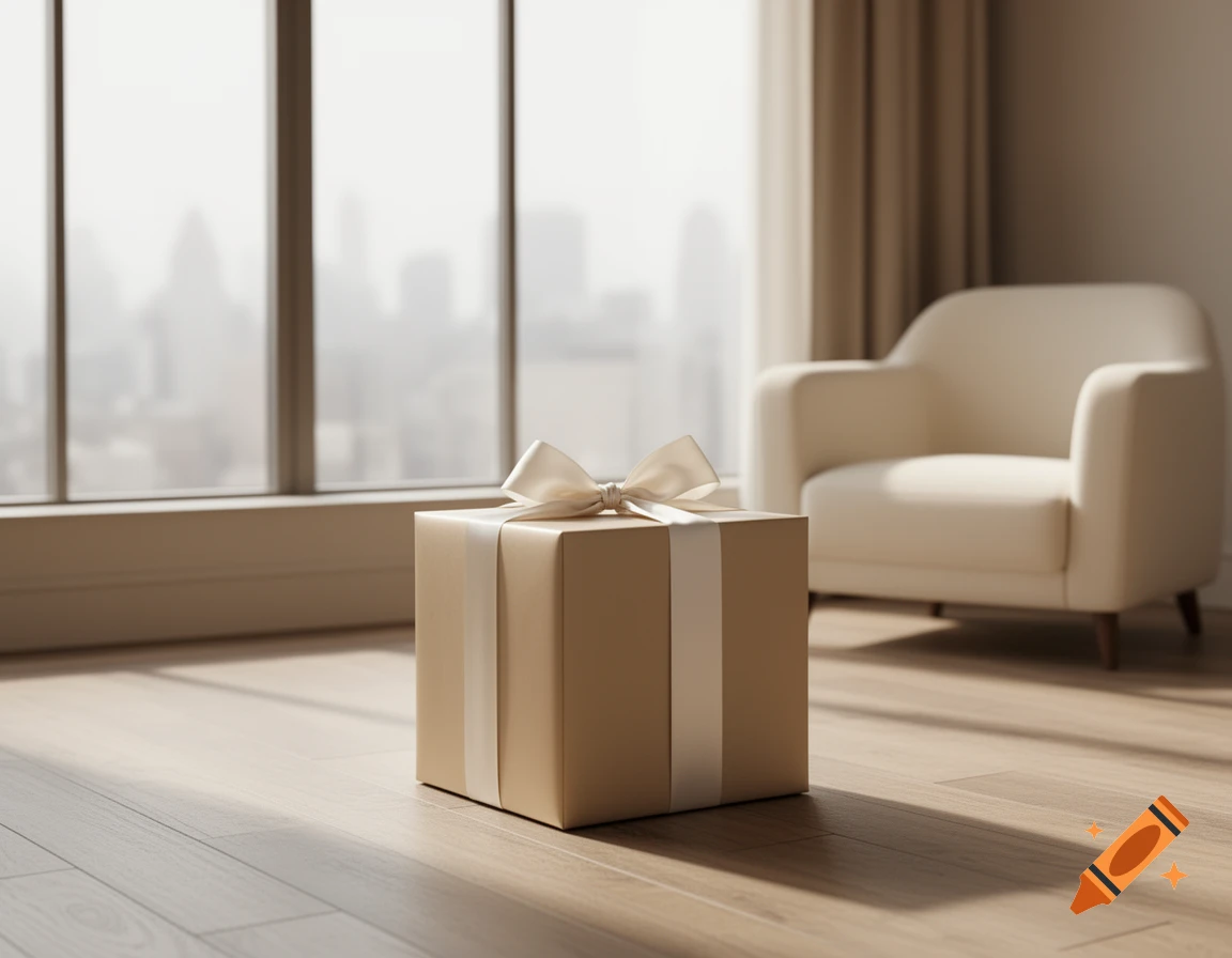 A beige gift box with a white ribbon sits on a wooden floor in a modern room with a large window and a city view.