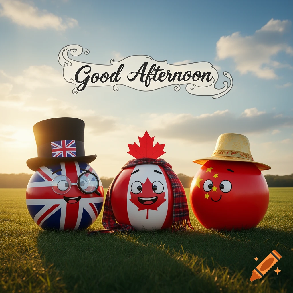 Three cartoon countryballs, representing UK, Canada, and China, stand in a sunny green field. Text above reads "Good Afternoon".