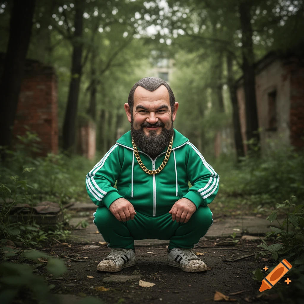 A smiling, bearded man in a green tracksuit and gold chain squats in an overgrown outdoor area.