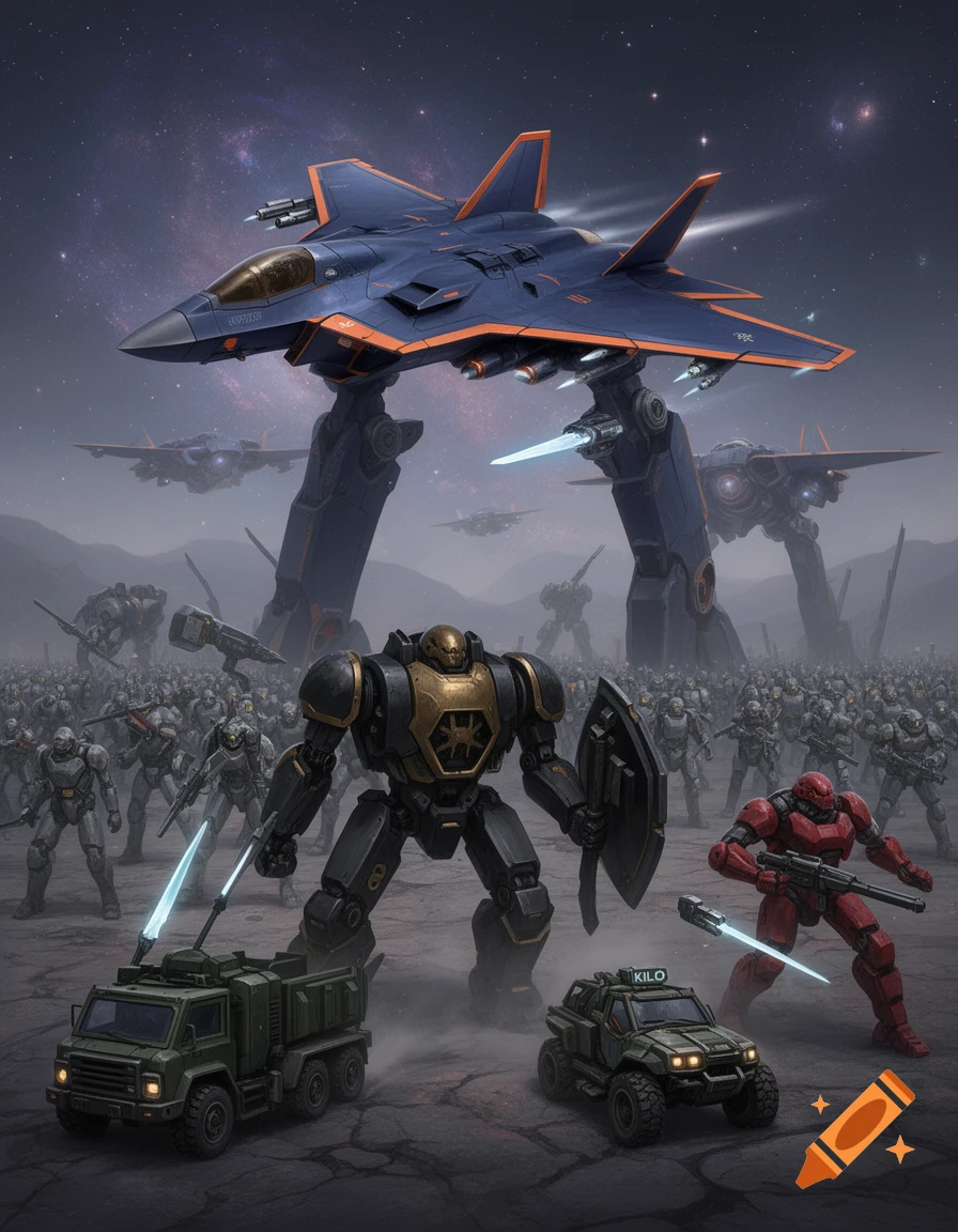 A large blue sci-fi fighter jet hovers over a desolate planet with a starry sky, surrounded by an army of futuristic mechs, armored soldiers, and military vehicles.