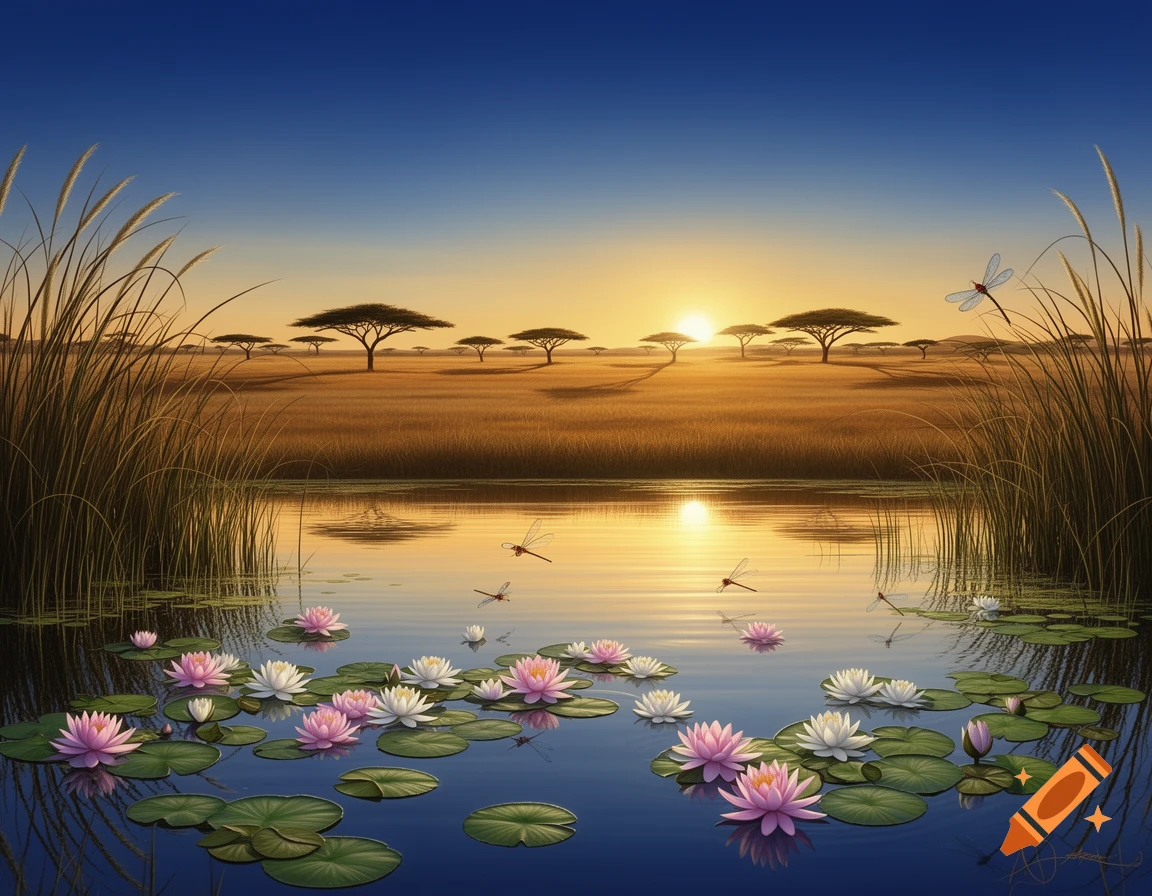A vibrant illustration of a savanna landscape at sunset, featuring a pond with pink and white water lilies and dragonflies.