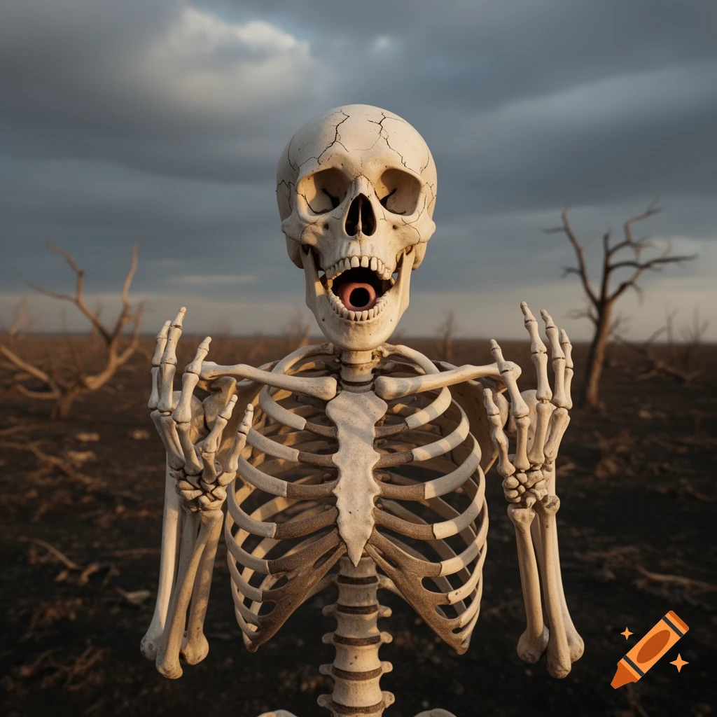 A shocked skeleton with an open mouth stands in a barren landscape under a dramatic cloudy sky, photorealistic style.