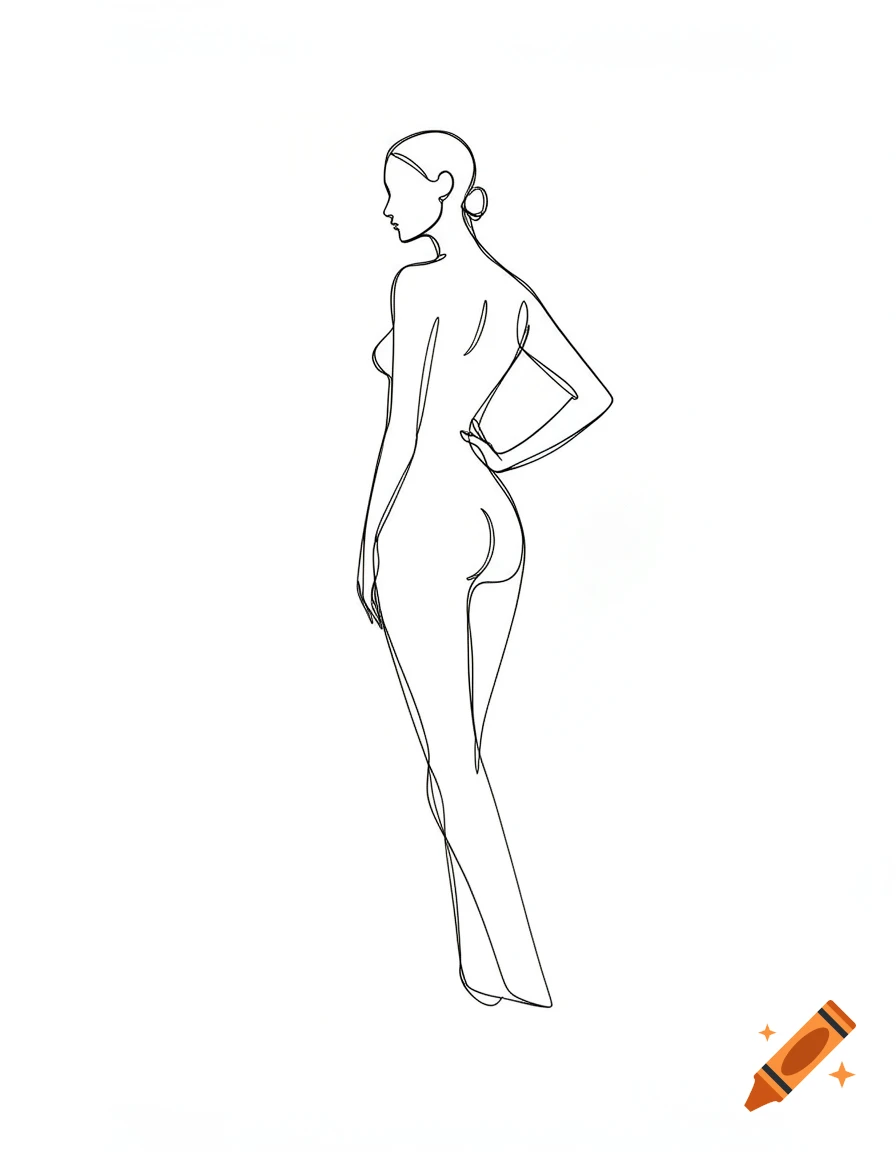 Minimalist single-line drawing of a woman's nude figure from behind, with her hand on her hip.