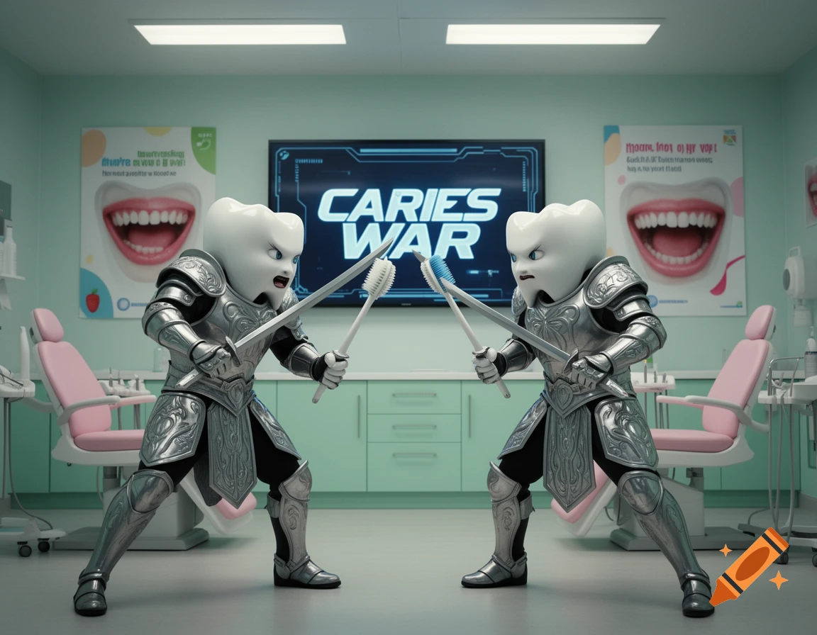 Two anthropomorphic teeth in knight armor duel with toothbrushes in a mint green dental office, with 'CARIES WAR' on a screen.