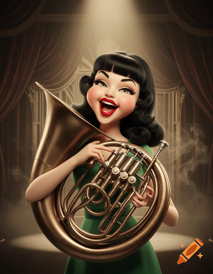 A smiling cartoon pin-up woman with black hair and red lipstick plays a large golden brass instrument on a stage under a spotlight.