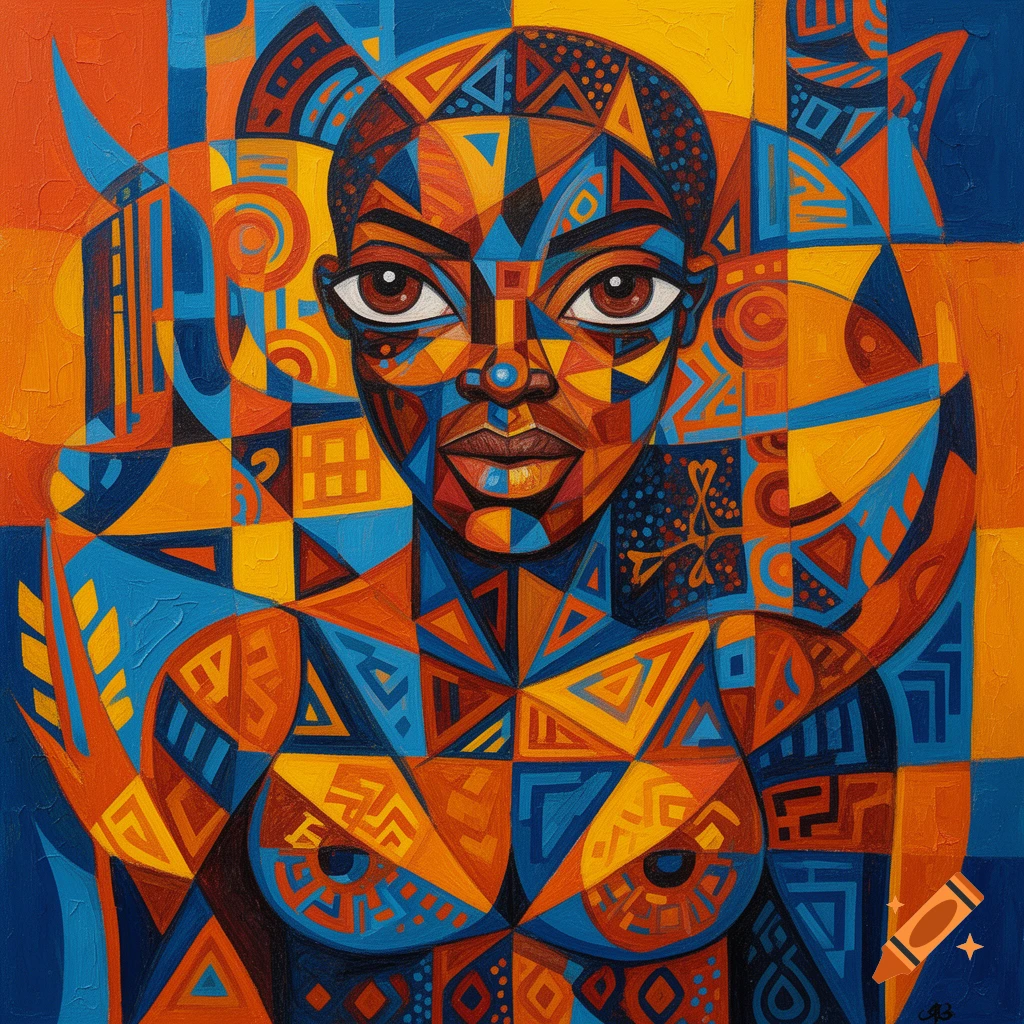 Vibrant cubist portrait of a bare-chested woman made from geometric patterns in bold blue, orange, and yellow hues, in the style of Temi Coker.