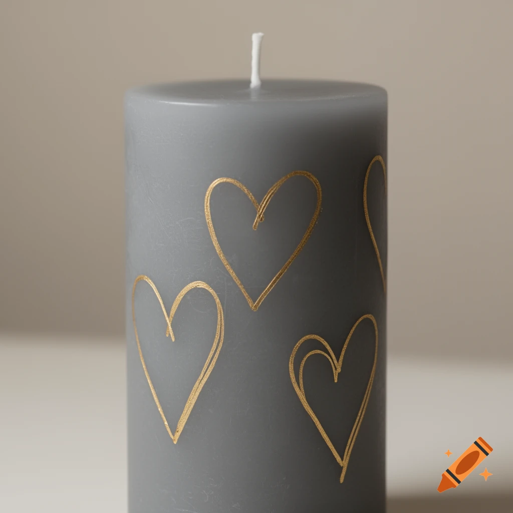 Close-up of a gray pillar candle adorned with hand-drawn golden hearts, against a light background.