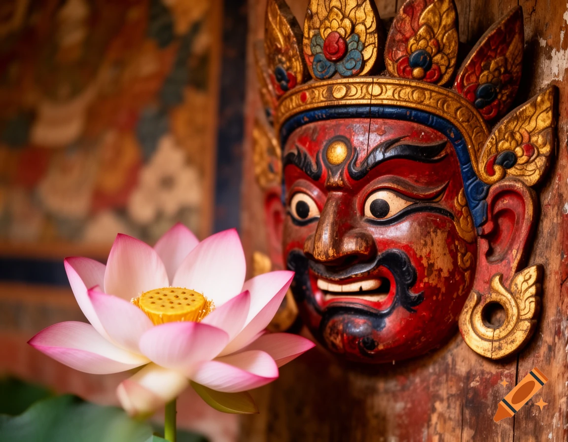 A vibrant red and gold traditional Tibetan mask on wood with a pink and white lotus flower in the foreground.