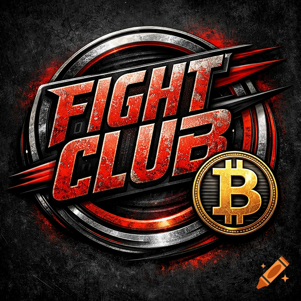 A grunge-style logo for 'FIGHT CLUB' in distressed red and white metallic letters, with a gold Bitcoin symbol on the bottom right, against a dark, textured background.