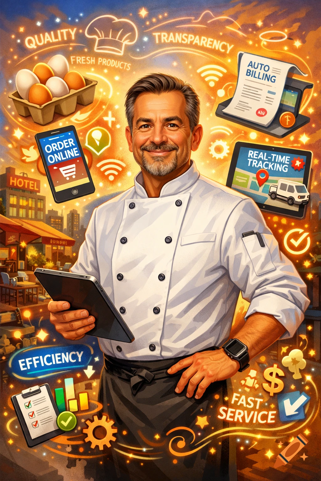 Smiling chef in a white uniform holding a tablet, surrounded by glowing icons representing digital business solutions like online ordering, tracking, and billing.