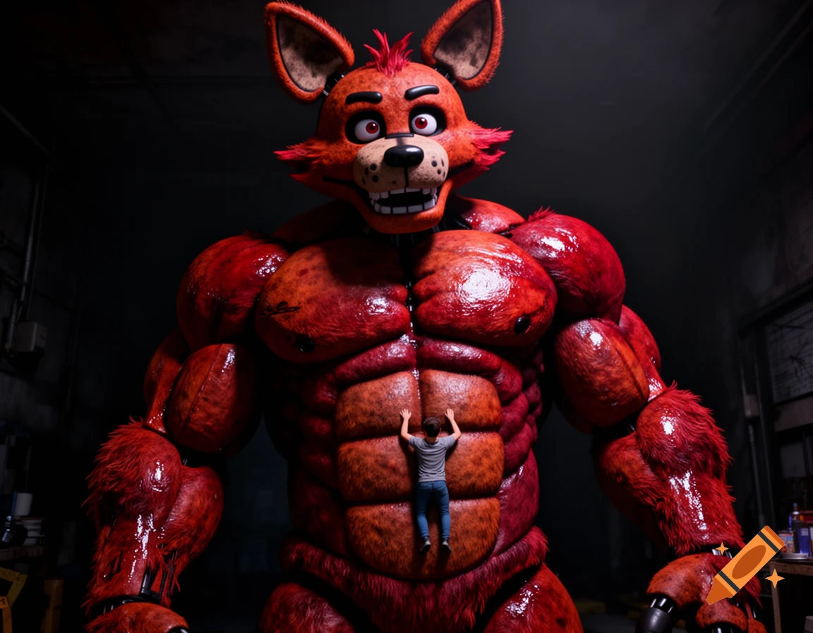 A hyper-realistic 3D image of a towering, muscular red animatronic fox (Foxy) in a dark room, with a small human clinging to its abs.