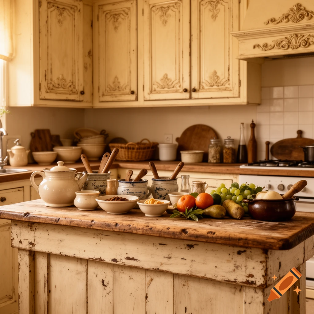 A rustic kitchen with a wooden island laden with ceramic pots, fresh fruit, and kitchen utensils.