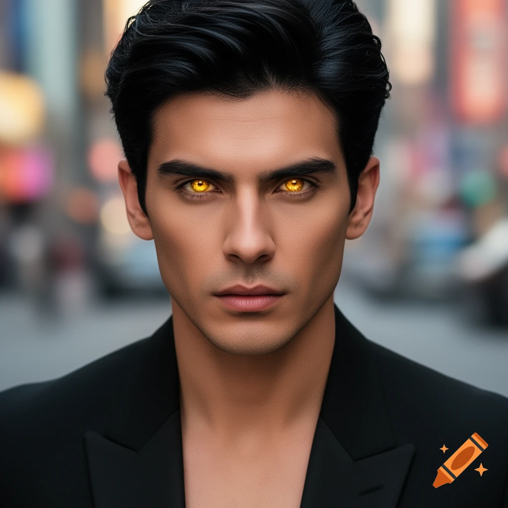 Close-up photorealistic portrait of a man with black hair and striking ...