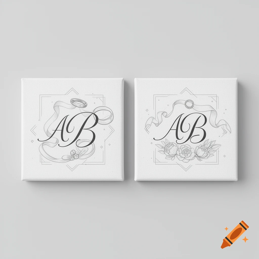 Two white canvases with black and white line art of 'AB' initials, wedding rings, ribbons, and flowers.