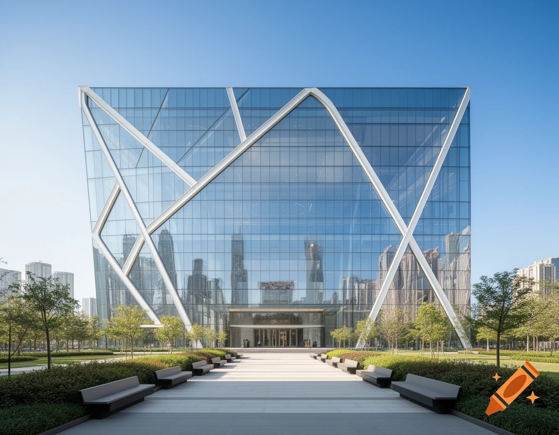 A modern glass building with unique white diagonal structural elements, set against a clear blue sky, surrounded by green lawns and benches.