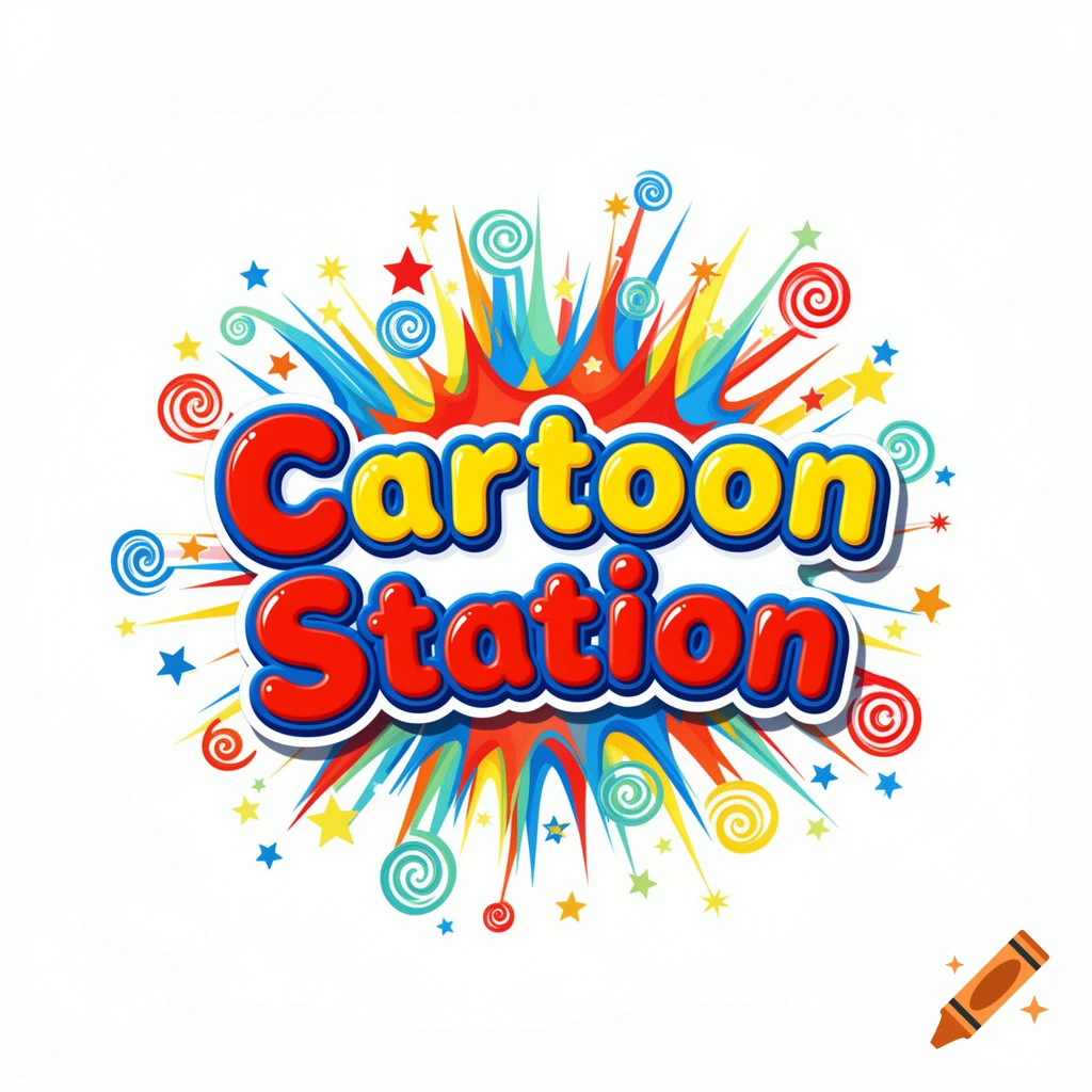 A vibrant, colorful logo for 'Cartoon Station' with an explosion of red, blue, and yellow stars and swirls on a white background.