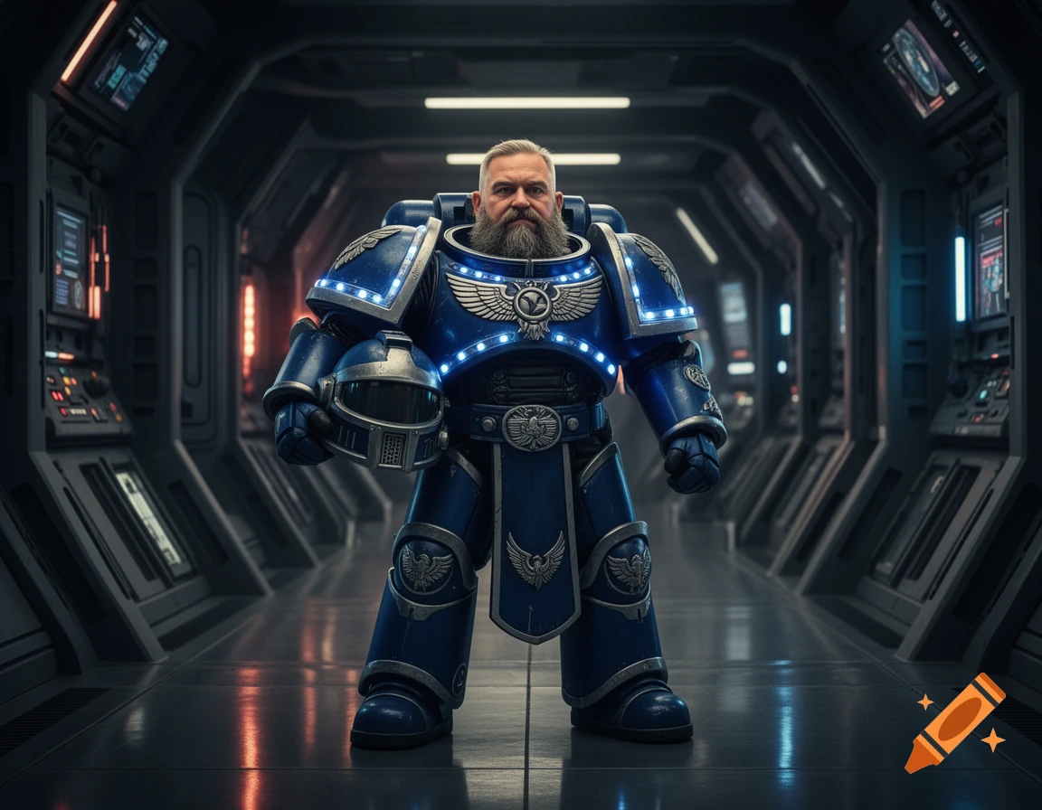 A bearded man in blue space marine power armor holds a helmet in a futuristic spaceship corridor.