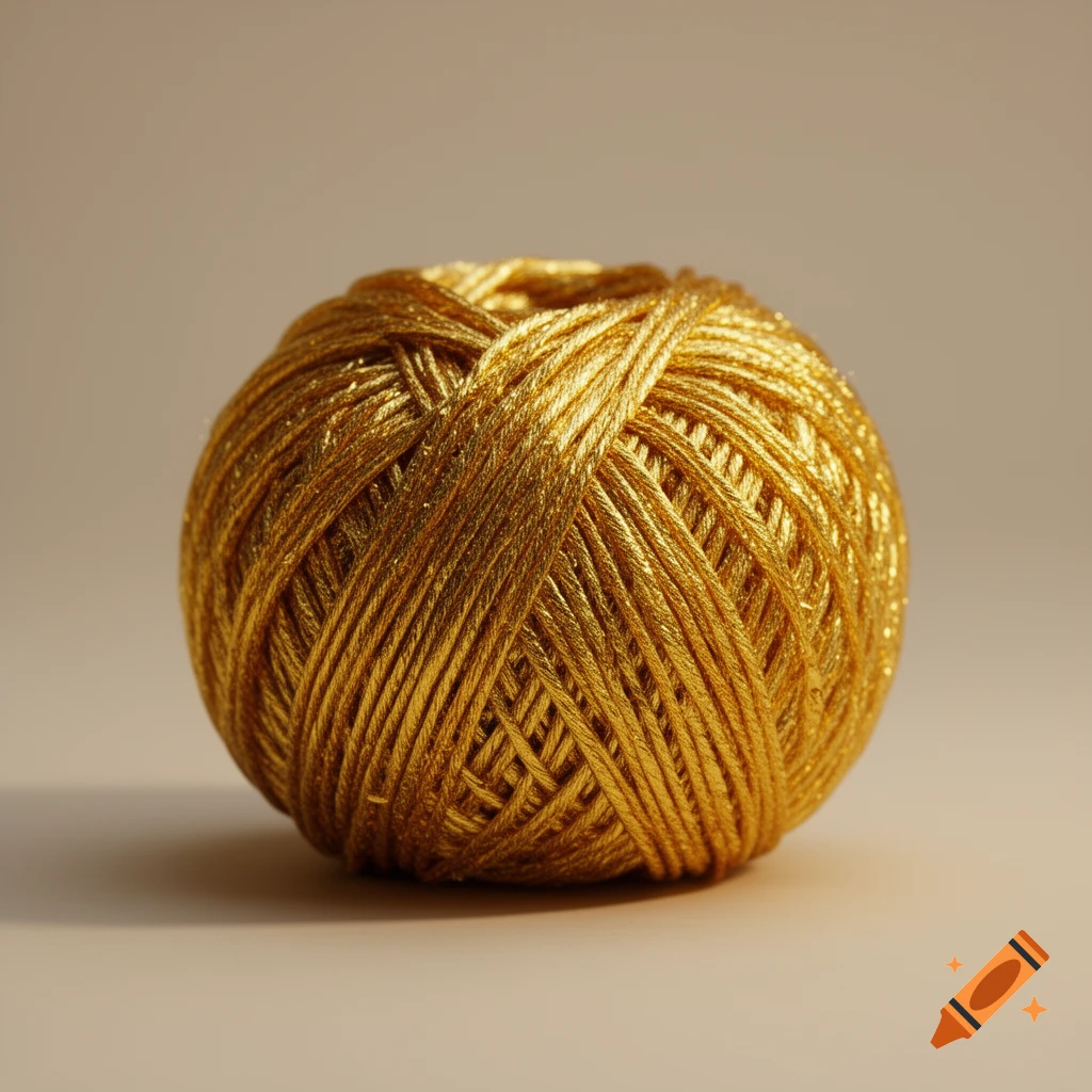 A close-up shot of a ball of shimmering golden yarn against a light beige background.
