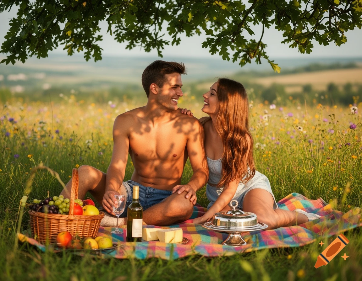 A smiling couple enjoys a sunny picnic in a wildflower field under a tree.