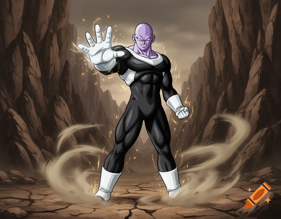 Jiren, a purple-skinned anime character in a black and white suit, strikes a power pose amidst swirling dust in a rocky canyon.