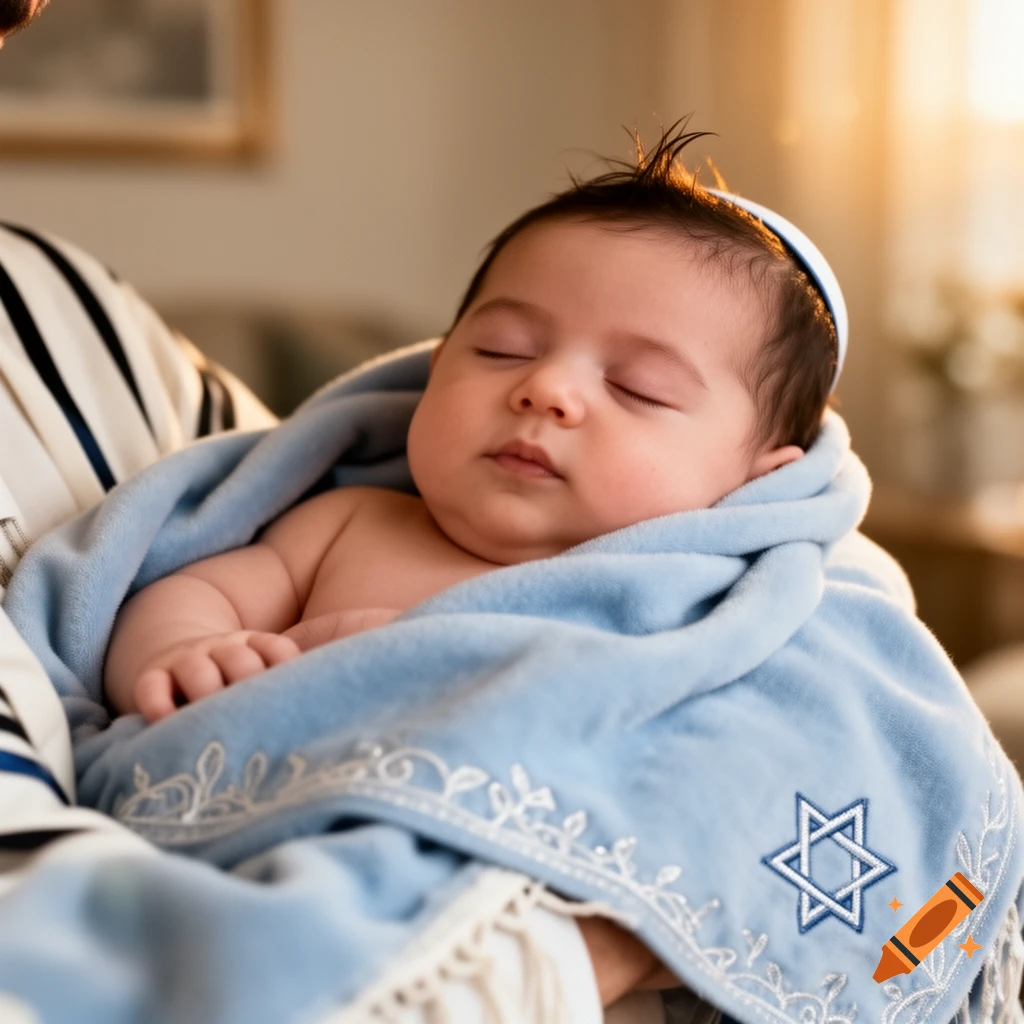 A sleeping Jewish baby in a kippah, wrapped in a blue blanket with a Star of David.